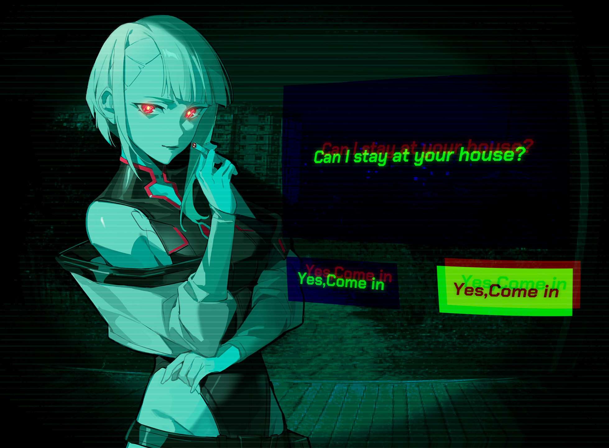 bigroll, lucy (cyberpunk), cyberpunk: edgerunners, cyberpunk (series), commentary, english commentary, highres, variant set, 1girl, black leotard, breasts, cigarette, closed mouth, english text, gameplay mechanics, glowing, glowing eyes, green theme, holding, holding cigarette, jacket, leotard, lips, long hair, long sleeves, looking at viewer, medium breasts, no i'm not a human, off shoulder, open clothes, open jacket, outdoors, pants, pov peephole, red eyes, smile, solo, standing