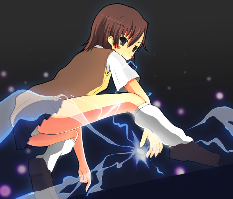 fusa otome, uruchimai, misaka mikoto, toaru majutsu no index, bad id, bad pixiv id, 00s, brown hair, electricity, electrokinesis, lightning, panties, school uniform, serafuku, skirt, solo, underwear