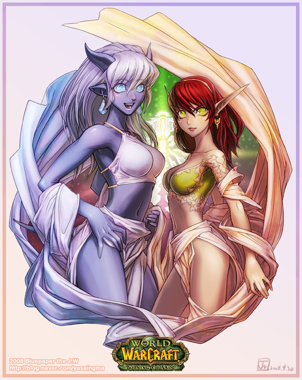 cat shi, yasaingma, blood elf (warcraft), draenei, warcraft, world of warcraft, 2girls, blue eyes, blue skin, colored skin, glowing, glowing eyes, green eyes, horns, long hair, midriff, multiple girls, pointy ears, red hair, yellow eyes