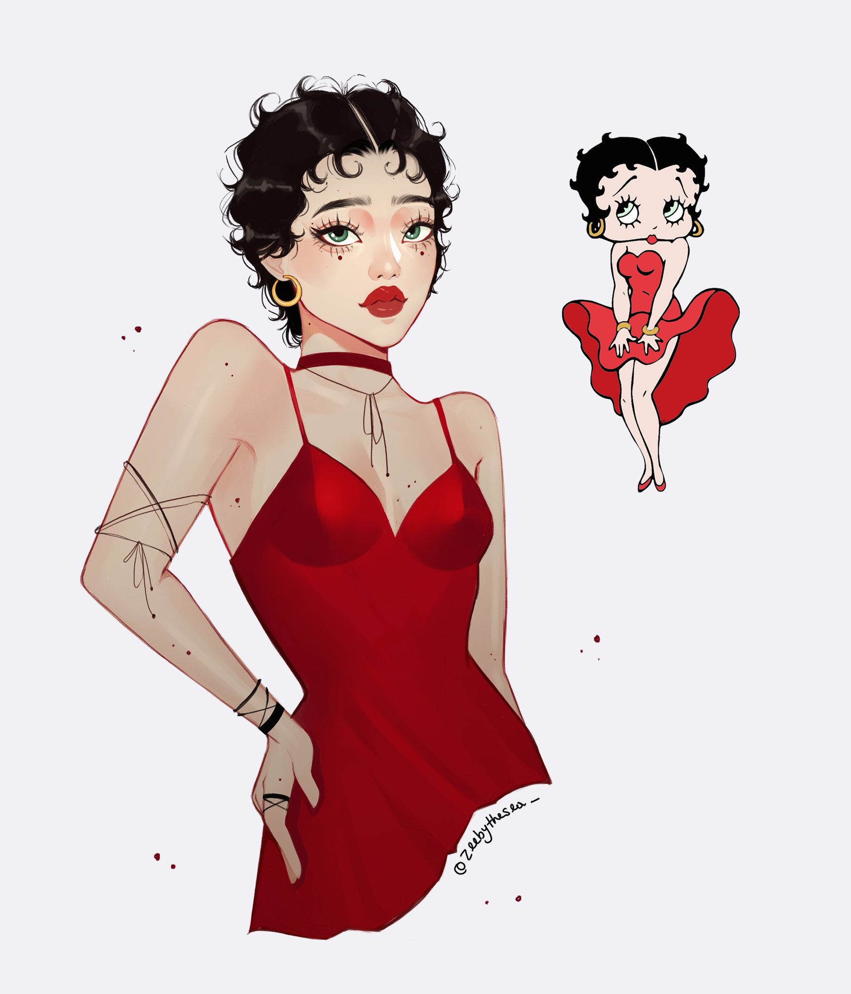 zeebythesea, betty boop, paramount pictures, highres, 1girl, aegyo sal, black hair, bracelet, breasts, choker, closed mouth, curly hair, dress, earrings, eyelashes, gold earrings, green eyes, hand on own hip, hoop earrings, jewelry, looking to the side, looking up, mole, mole on arm, mole on breast, mole on forehead, mole on hand, mole under each eye, mole under eye, multiple moles, red choker, red dress, red lips, redesign, reference inset, ring, short hair, simple background, spaghetti strap, thick eyebrows, thick lips, twitter username, upper body, very short hair, white background