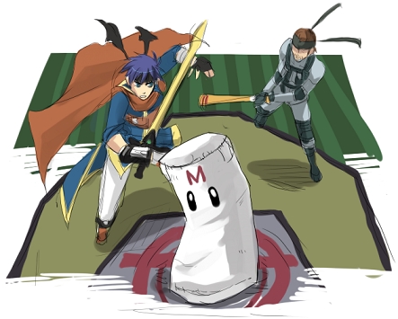 ike (fire emblem), sandbag (smash bros), solid snake, fire emblem, fire emblem: path of radiance, metal gear (series), metal gear solid, nintendo, super smash bros., lowres, 2boys, baseball bat, blue eyes, blue hair, brown hair, cape, gloves, headband, male focus, multiple boys, sword, weapon