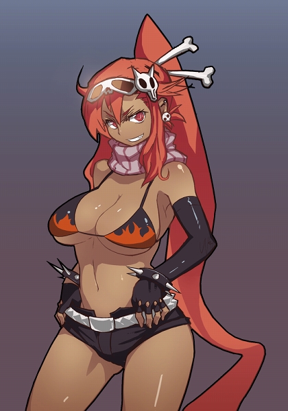 meme50, yoko littner, tengen toppa gurren lagann, 00s, 1girl, alternate skin color, bikini, bikini top only, breasts, cleavage, dark-skinned female, dark skin, elbow gloves, female focus, gloves, large breasts, ponytail, red hair, scarf, short shorts, shorts, solo, striped clothes, striped scarf, swimsuit