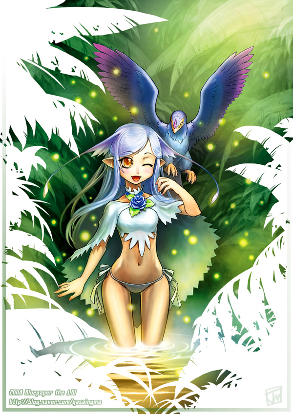 cat shi, yasaingma, original, 1girl, bikini, bird, blue flower, blue hair, blue rose, blush, brown eyes, female focus, flower, happy, long hair, nature, pointy ears, ripples, rose, side-tie bikini bottom, solo, swimsuit, thigh gap, thighs, wading, water, watermark, web address