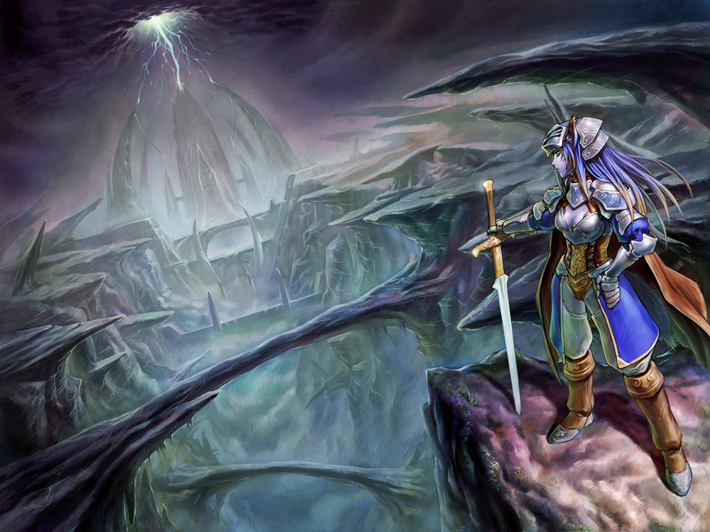 cat shi, yasaingma, original, armor, blue hair, blue skin, cliff, colored skin, fantasy, long hair, mountain, scenery, solo, storm, sword, weapon