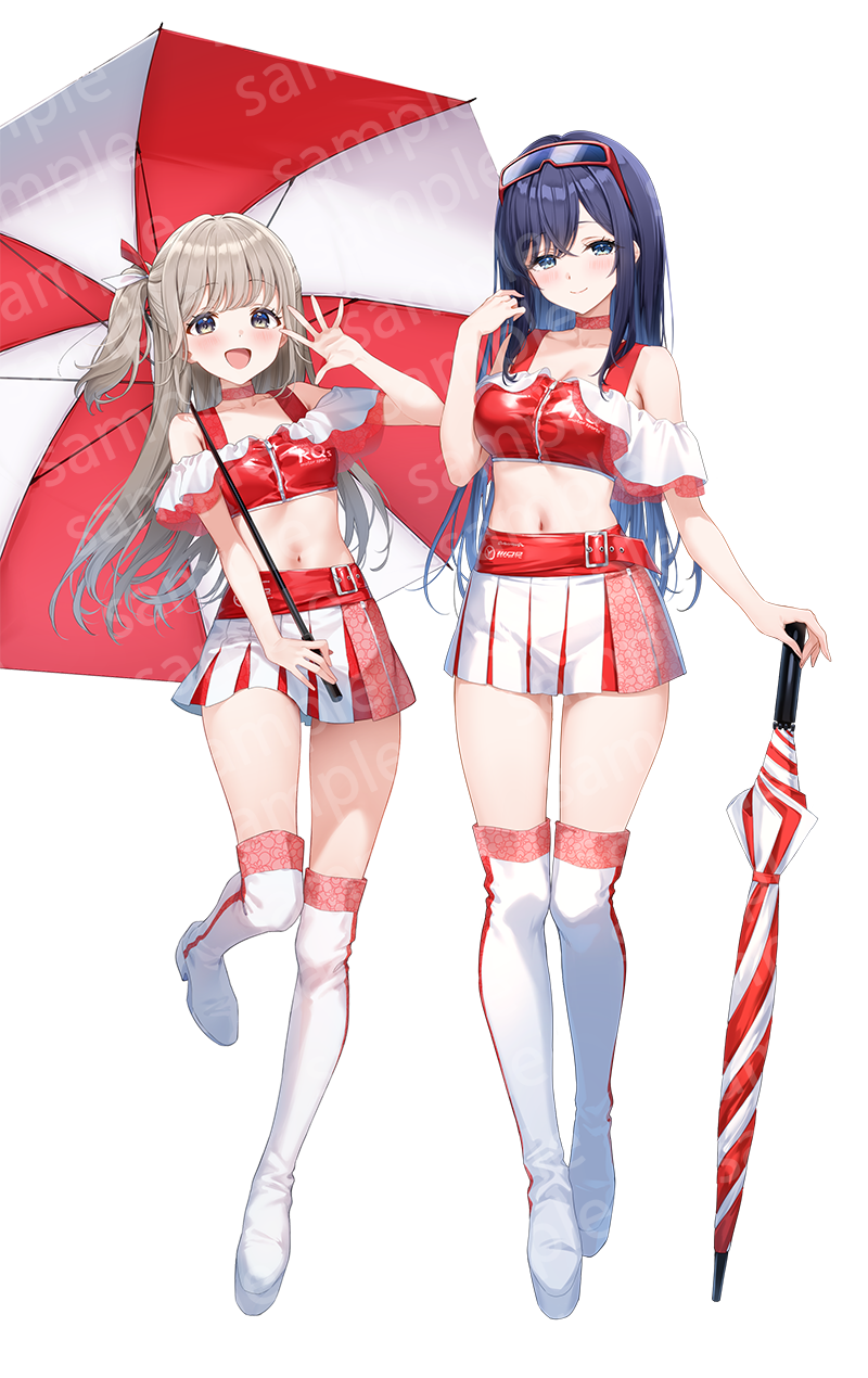 masuishi kinoto, original, commentary request, highres, 2girls, bare shoulders, blue eyes, blue hair, boots, breasts, choker, cleavage, collarbone, crop top, full body, grey hair, hand up, holding, holding umbrella, large breasts, leg up, long hair, looking at viewer, medium breasts, midriff, miniskirt, multiple girls, navel, one side up, open mouth, pleated skirt, race queen, red choker, red shirt, sample watermark, shirt, simple background, skirt, sleeveless, sleeveless shirt, smile, standing, standing on one leg, stomach, thigh boots, thighhighs, thighs, umbrella, watermark, white background, white skirt, white thighhighs, yellow eyes, zettai ryouiki