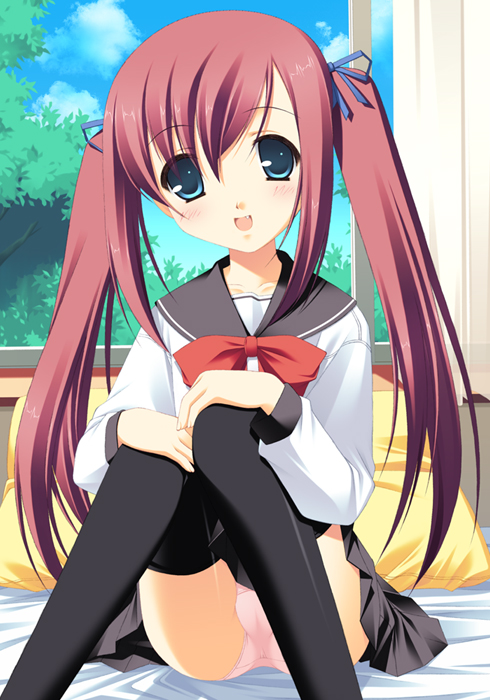 gaou (babel), original, blue eyes, blush, fang, hair ribbon, panties, pantyshot, red hair, ribbon, school uniform, serafuku, smile, solo, thighhighs, twintails, underwear
