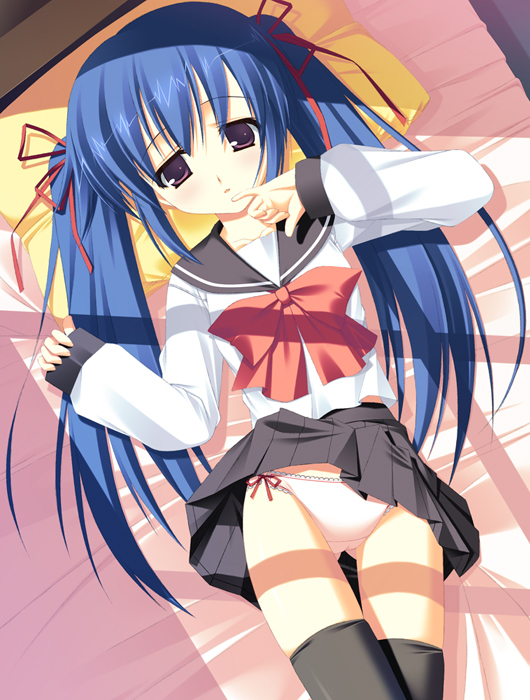 gaou (babel), original, blue hair, hair ribbon, long hair, panties, purple eyes, ribbon, school uniform, serafuku, side-tie panties, solo, thighhighs, twintails, underwear