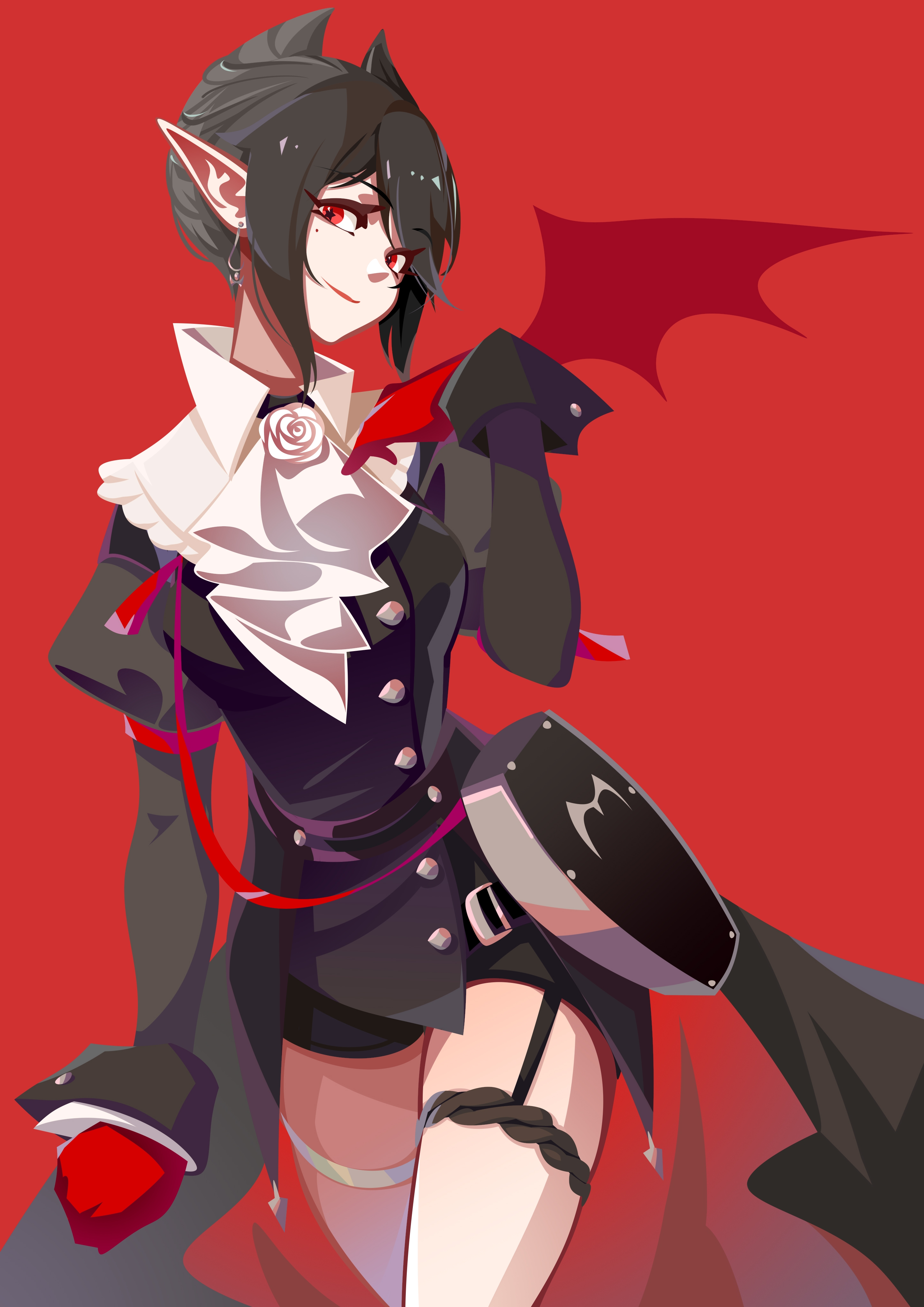 yiban luguo no xing yu ku, entelechia (arknights), arknights, absurdres, commentary, highres, symbol-only commentary, 1girl, ascot, black dress, black hair, black wings, closed mouth, cowboy shot, dress, earrings, flower, gloves, hair horns, jewelry, light smile, lipstick, long sleeves, looking at viewer, makeup, mole, mole under eye, pointy ears, red background, red eyes, red gloves, red lips, rose, short hair, sidelocks, simple background, single wing, solo, standing, thigh strap, white ascot, white flower, white rose, wings