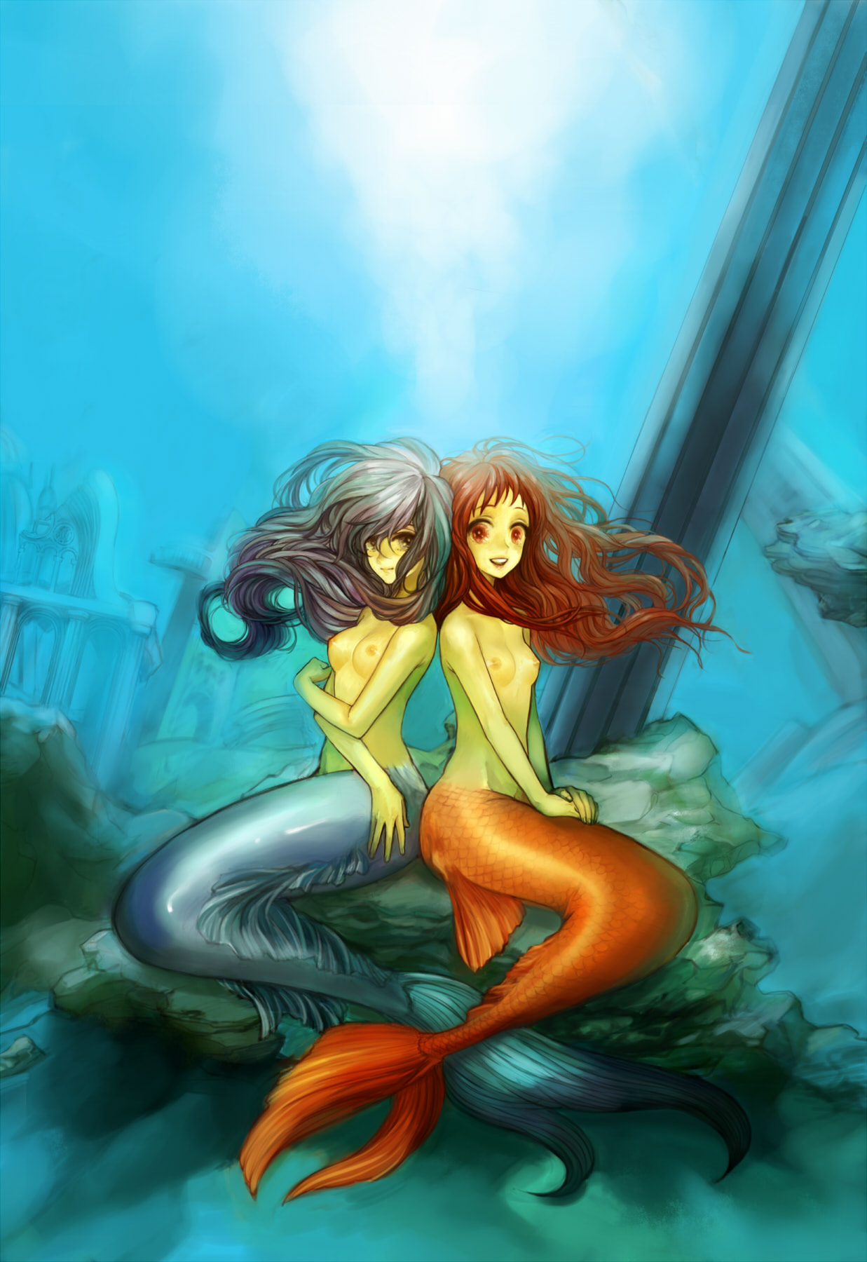 michi ta (masquerade), light, highres, 2girls, back-to-back, breasts, column, completely nude, floating hair, grey eyes, grey hair, hands on lap, light smile, mermaid, monster girl, multiple girls, nipples, nude, pillar, red eyes, red hair, rock, ruins, scales, sitting, small breasts, smile, sunlight, underwater, v arms, water