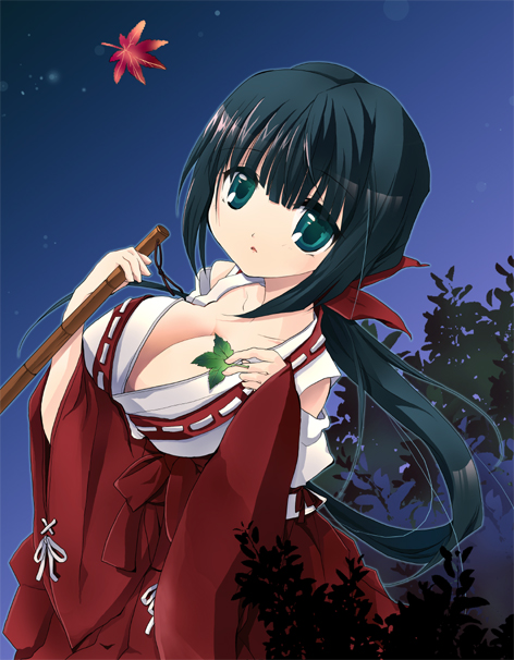quo qunqun, sugi (nemu), 1girl, black hair, breasts, cleavage, female focus, hakama, hakama skirt, huge breasts, japanese clothes, long hair, miko, red hakama, ribbon, skirt, solo