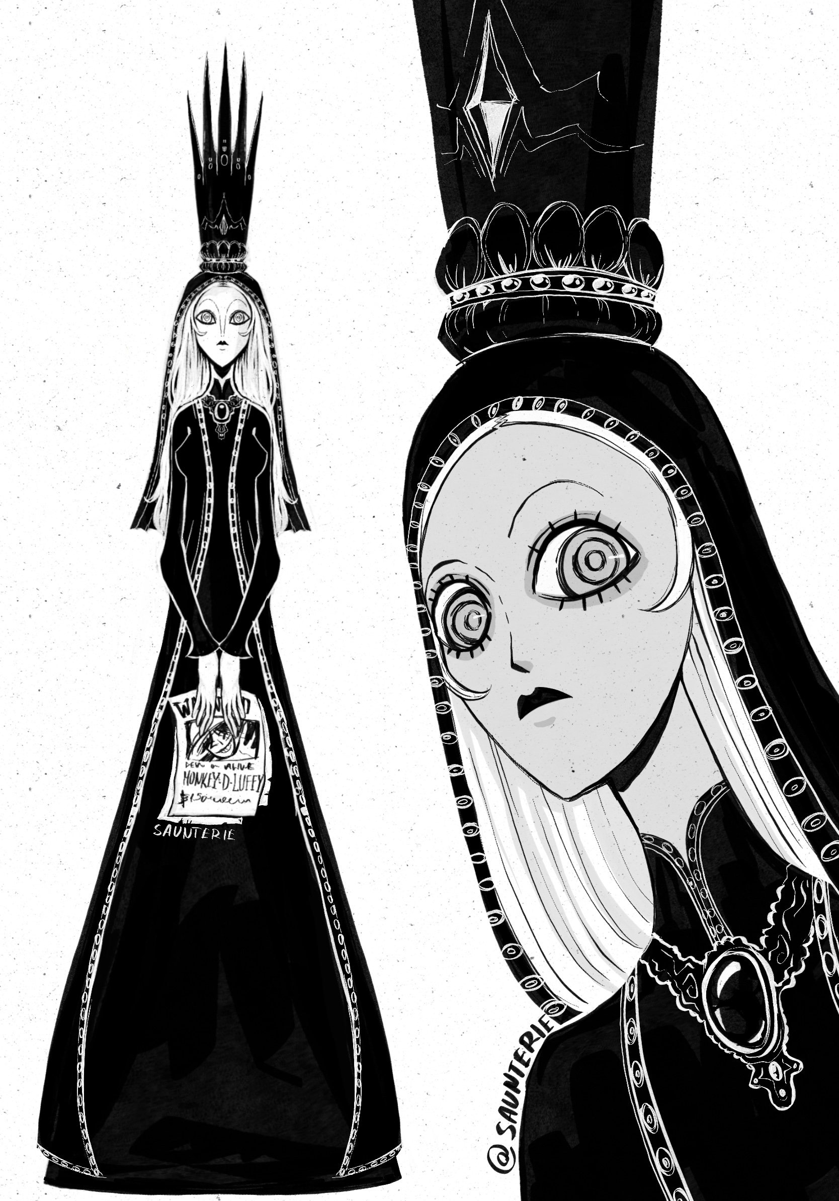 imu (one piece), one piece, highres, 1girl, black dress, crown, dress, eyelashes, jewelry, long hair, long sleeves, looking at viewer, saunterieart, simple background, wanted poster, white background