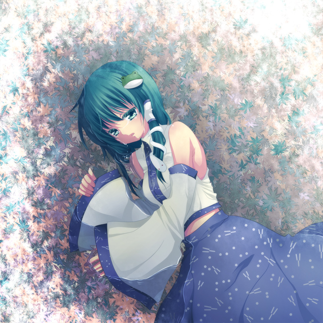 mikazuki sara, kochiya sanae, touhou, bad id, bad pixiv id, 1girl, bare shoulders, female focus, green hair, japanese clothes, leaf, long hair, lying, miko, outdoors, petals, plant, solo, tears