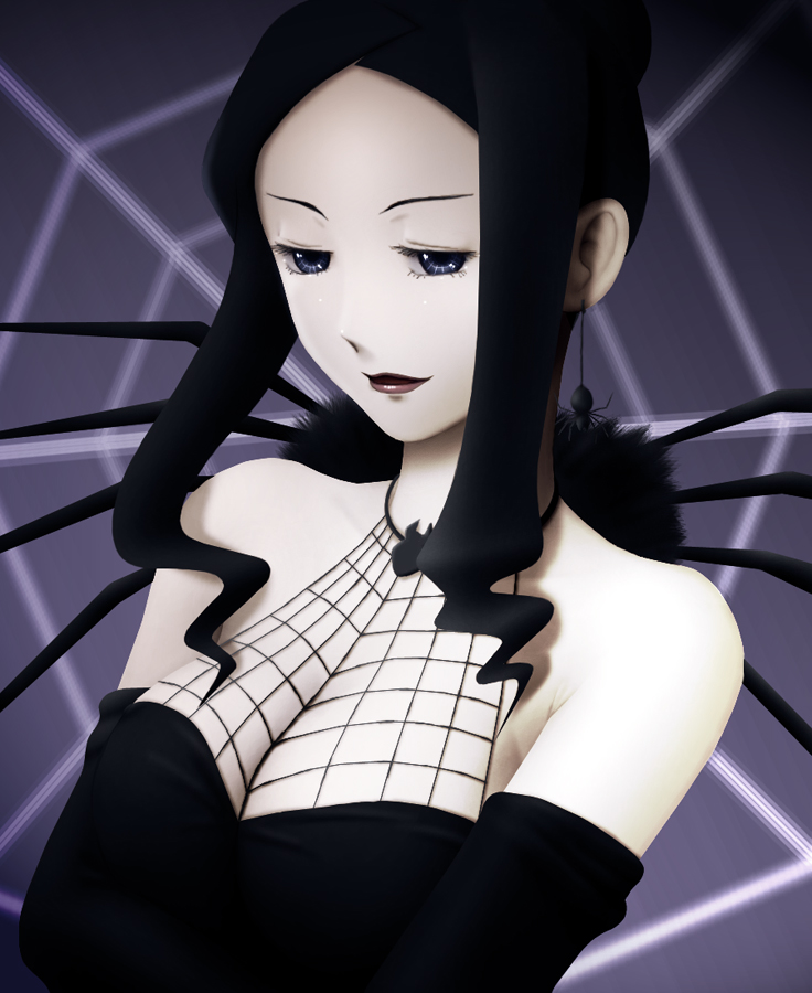 siraha, arachne (soul eater), soul eater, bad id, bad pixiv id, 00s, 1girl, bare shoulders, black dress, black gloves, black hair, blue eyes, breasts, bug, cleavage, dress, elbow gloves, expressionless, female focus, gloves, jewelry, large breasts, lipstick, long hair, makeup, necklace, pale skin, pendant, sidelocks, silk, solo, spider, spider web, upper body