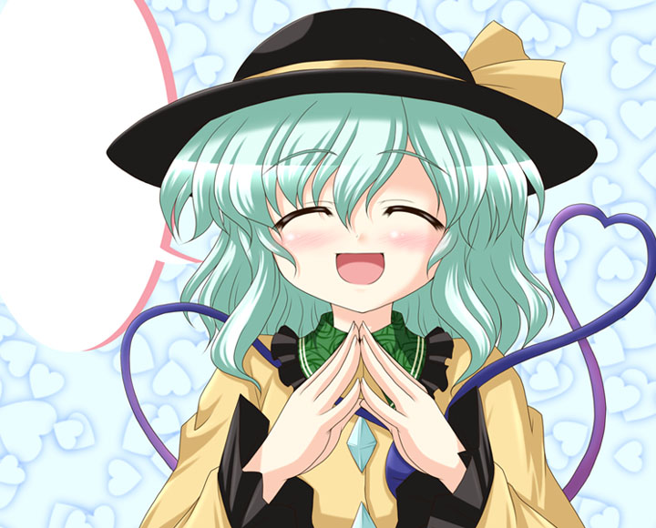 bococho, komeiji koishi, touhou, 1girl, blank speech bubble, blush, bow, closed eyes, female focus, green hair, hat, heart, heart of string, solo, speech bubble, yellow bow