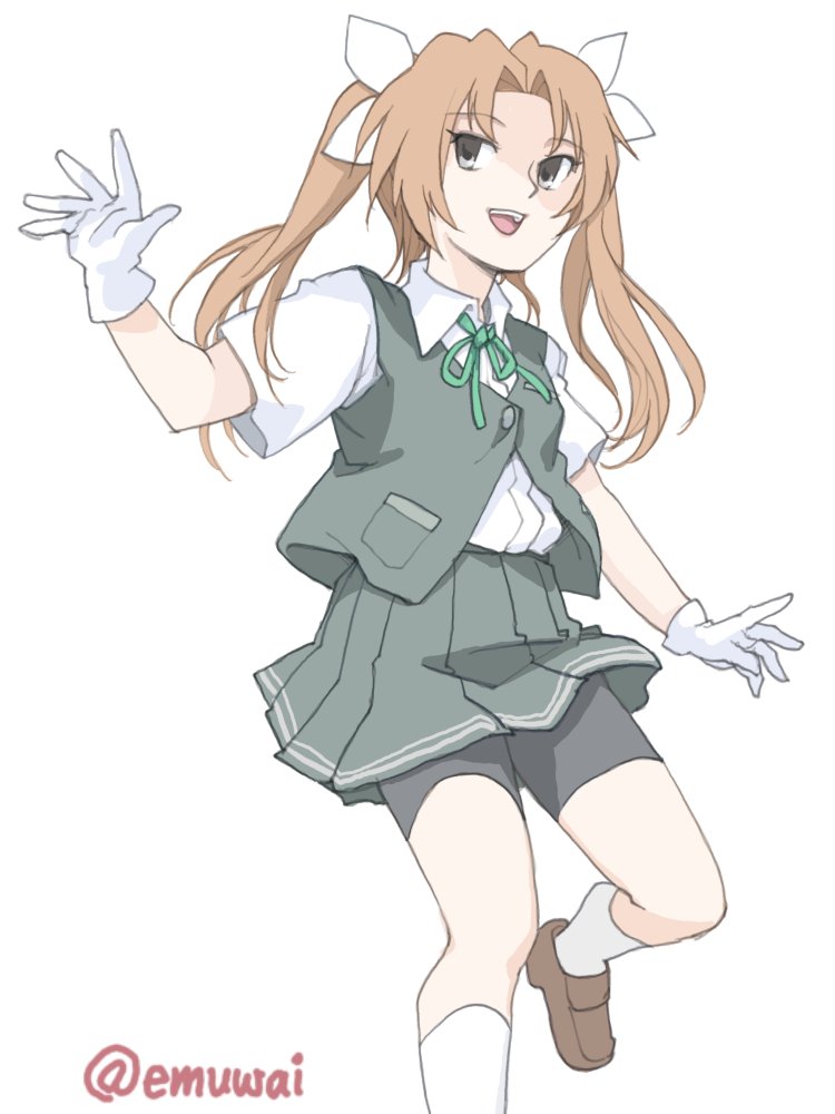 emuwai, kagerou (kancolle), kantai collection, 1girl, bike shorts, bike shorts under skirt, brown eyes, brown shoes, collared shirt, dress shirt, feet out of frame, gloves, grey eyes, grey skirt, grey vest, long hair, one-hour drawing challenge, pleated skirt, shirt, shoes, simple background, skirt, socks, solo, twintails, vest, white background, white gloves, white shirt, white socks