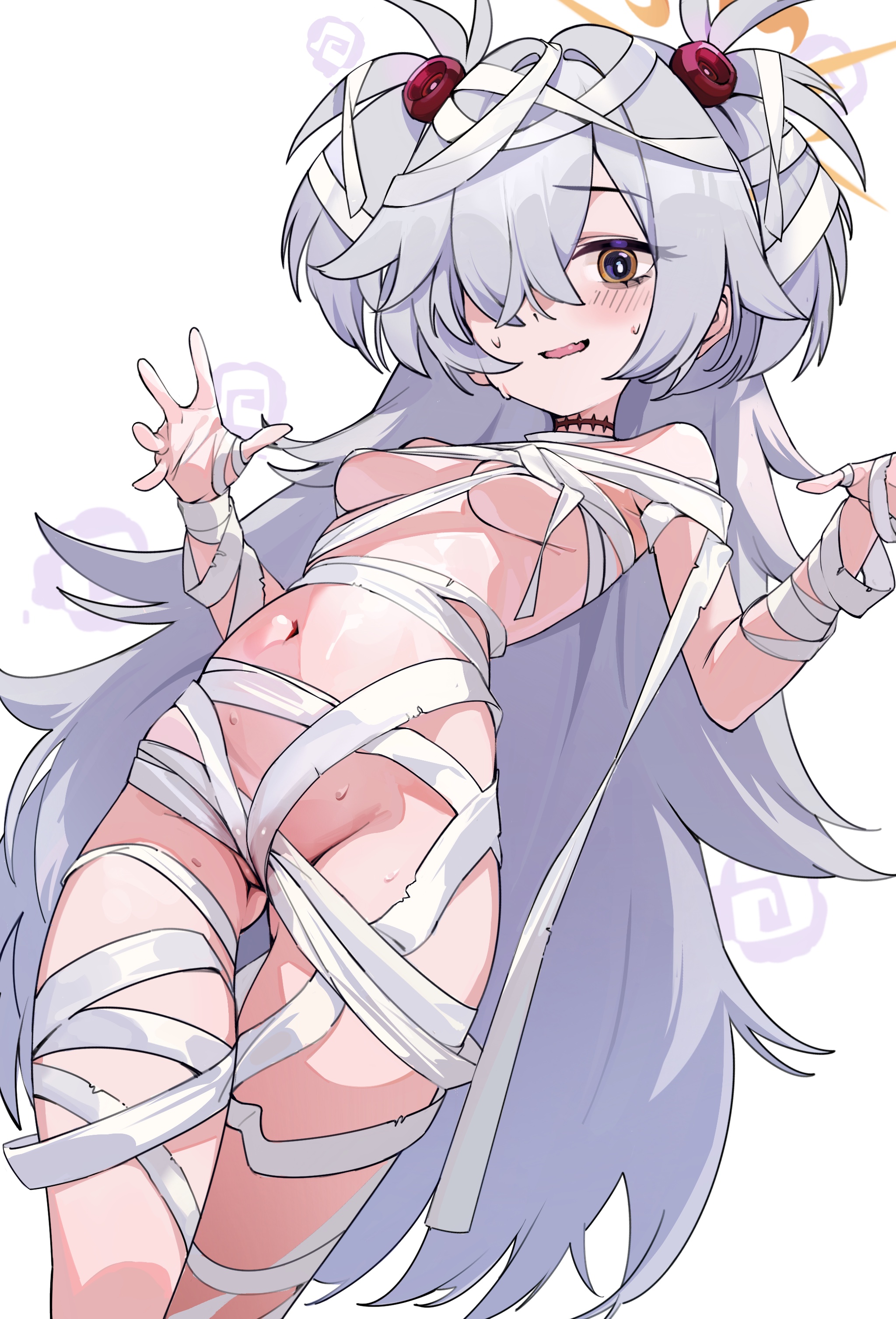 mr.zhuo, kanoe (blue archive), blue archive, absurdres, commentary, highres, 1girl, bandages, breasts, feet out of frame, grey hair, hair over one eye, halo, long hair, looking at viewer, naked bandage, navel, open mouth, orange eyes, orange halo, simple background, small breasts, solo, two side up, underboob, very long hair, white background