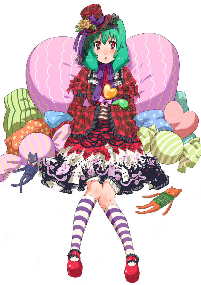 h-08, ranka lee, macross, macross frontier, 00s, blush, flower, gothic lolita, green hair, hat, heart, kneehighs, lingerie, lolita fashion, mary janes, petticoat, pillow, red eyes, ribbon, shoes, short hair, sitting, skirt, socks, solo, striped clothes, striped socks, stuffed animal, stuffed toy, toy, twintails, underwear