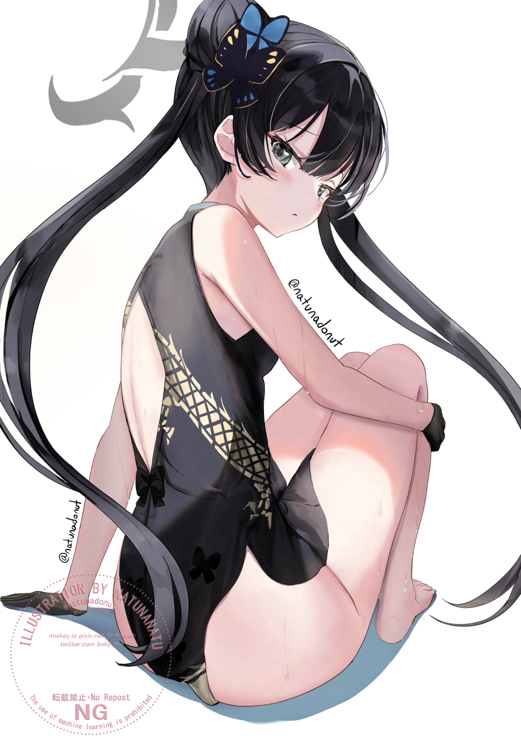 natuna natu, kisaki (blue archive), blue archive, highres, 1girl, artist name, ass, barefoot, black dress, black gloves, black hair, butterfly hair ornament, china dress, chinese clothes, closed mouth, double bun, dragon print, dress, gloves, grey eyes, grey halo, hair bun, hair ornament, half gloves, halo, long hair, looking at viewer, print dress, signature, sitting, solo, twintails, twitter username, watermark