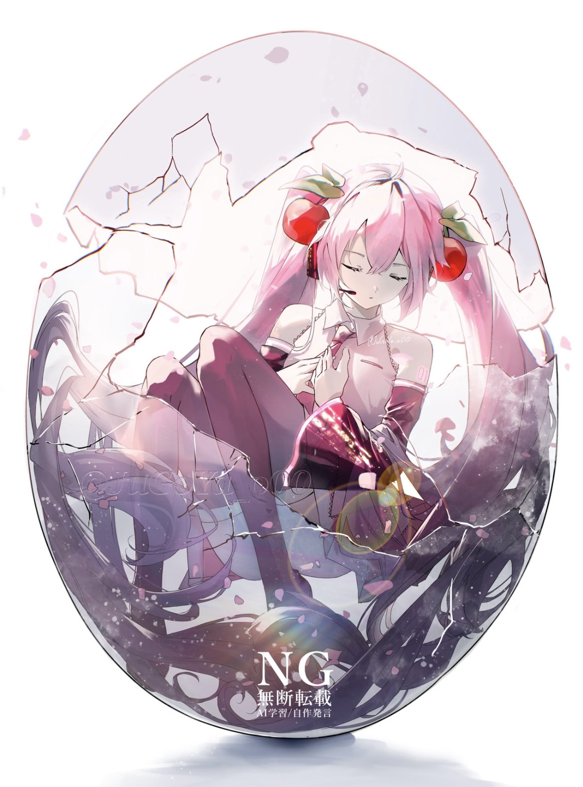 stella (105 yoru), hatsune miku, sakura miku, vocaloid, highres, 1girl, absurdly long hair, ahoge, boots, cherry hair ornament, closed eyes, collared shirt, crack, cracked glass, detached sleeves, food-themed hair ornament, hair between eyes, hair ornament, headset, long hair, long sleeves, miku day, necktie, parted lips, pink hair, pink necktie, pink shirt, pink trim, shirt, simple background, sleeveless, sleeveless shirt, solo, thigh boots, twintails, very long hair, white background, wide sleeves