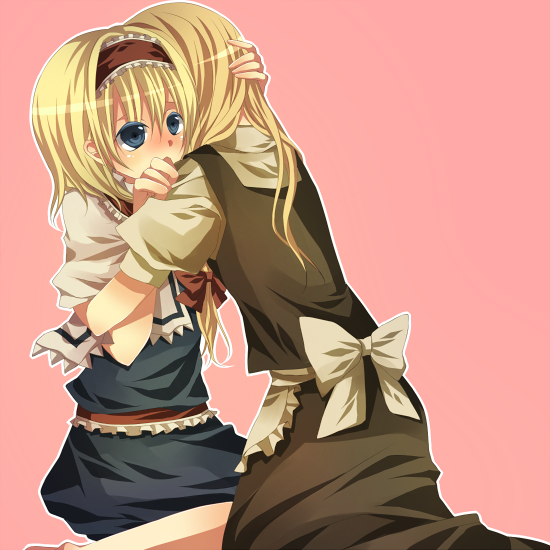 tsukioka tsukiho, alice margatroid, kirisame marisa, touhou, bad id, bad pixiv id, 2girls, blonde hair, blue eyes, blush, female focus, hairband, hand on another's head, hug, kneeling, long hair, multiple girls, open mouth, ribbon, short hair, tsukiho, yuri