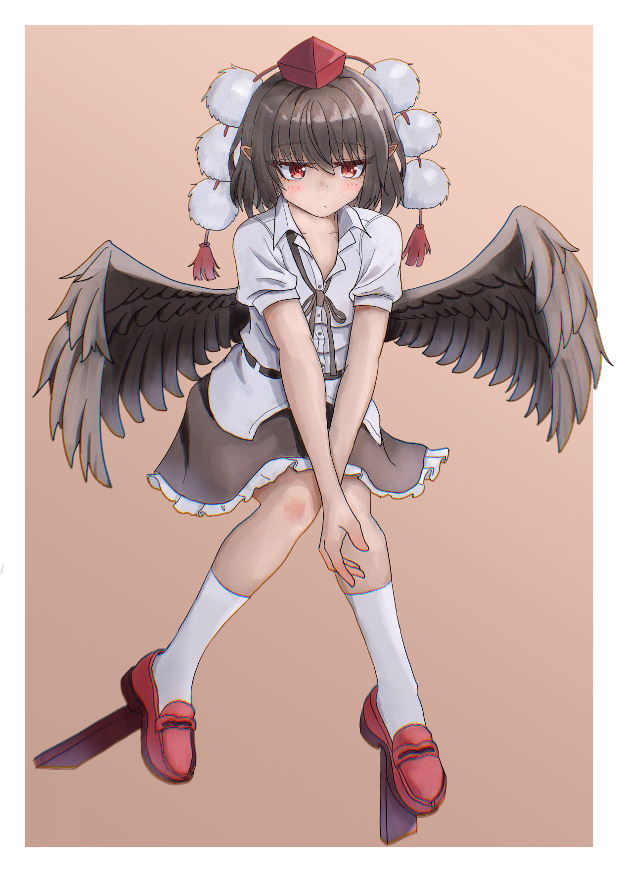 shameimaru aya, touhou, commentary request, highres, partial commentary, 1girl, belt, bird girl, bird wings, black belt, black ribbon, black skirt, border, brown hair, chromatic aberration, closed mouth, frilled skirt, frills, geta, hat, jitome, kiyo (tomoki6107), knees together feet apart, light blush, medium hair, neck ribbon, orange background, own hands together, partially unbuttoned, pointy ears, pom pom (clothes), red eyes, red hat, red shoes, ribbon, shirt, shoes, short sleeves, simple background, sitting, skirt, socks, solo, tengu-geta, tokin hat, white border, white shirt, white socks, wings