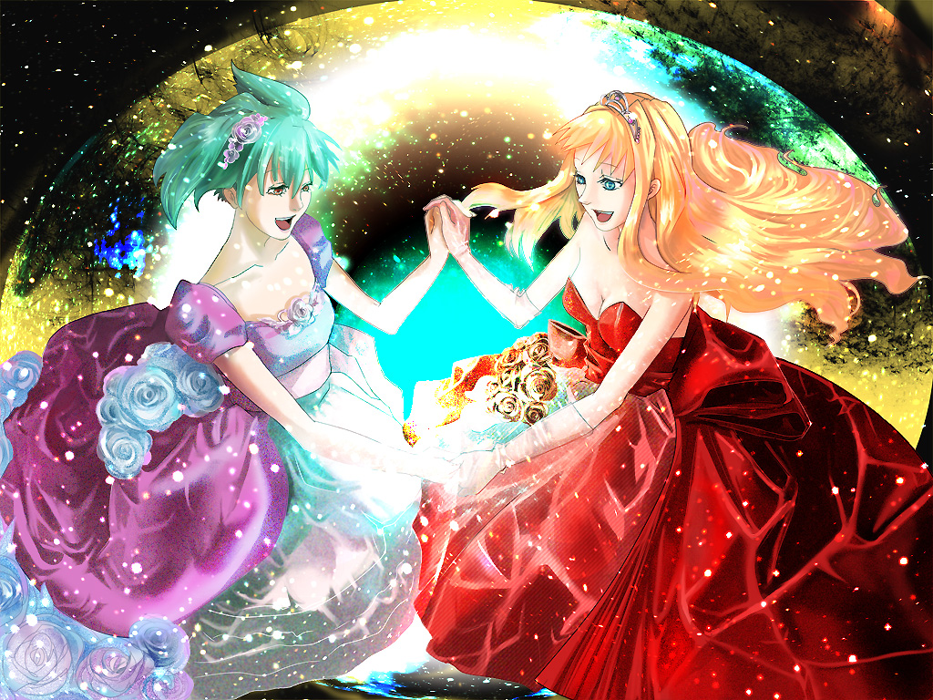 liran (iro), ranmaru (iro), ranka lee, sheryl nome, macross, macross frontier, diadem, bad id, bad pixiv id, 00s, 2girls, blonde hair, blue eyes, circlet, dress, flower, gloves, green hair, holding hands, long hair, multiple girls, music, red eyes, short hair, singing, space, star (symbol)