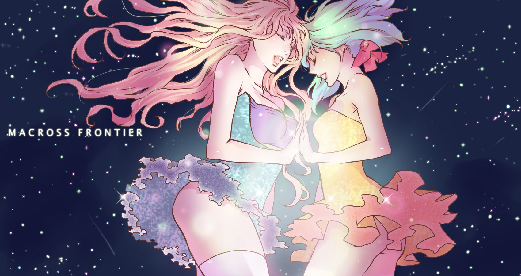 fuyuo, ranka lee, sheryl nome, macross, macross frontier, bad id, bad pixiv id, highres, 00s, 2girls, armpits, blonde hair, bow, closed eyes, dress, green hair, long hair, multiple girls, music, short hair, singing, space, star (symbol)