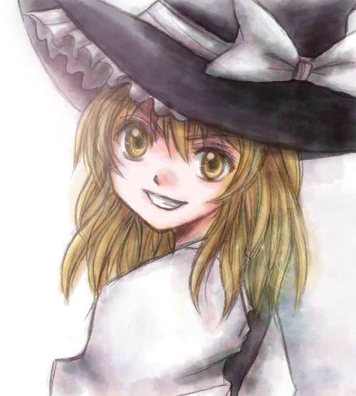 nagasawa (pixiv172331), nagasawa (tthnhk), kirisame marisa, touhou, bad id, bad pixiv id, 1girl, blonde hair, female focus, gradient background, hat, ribbon, solo, upper body, white background, witch, witch hat, yellow eyes