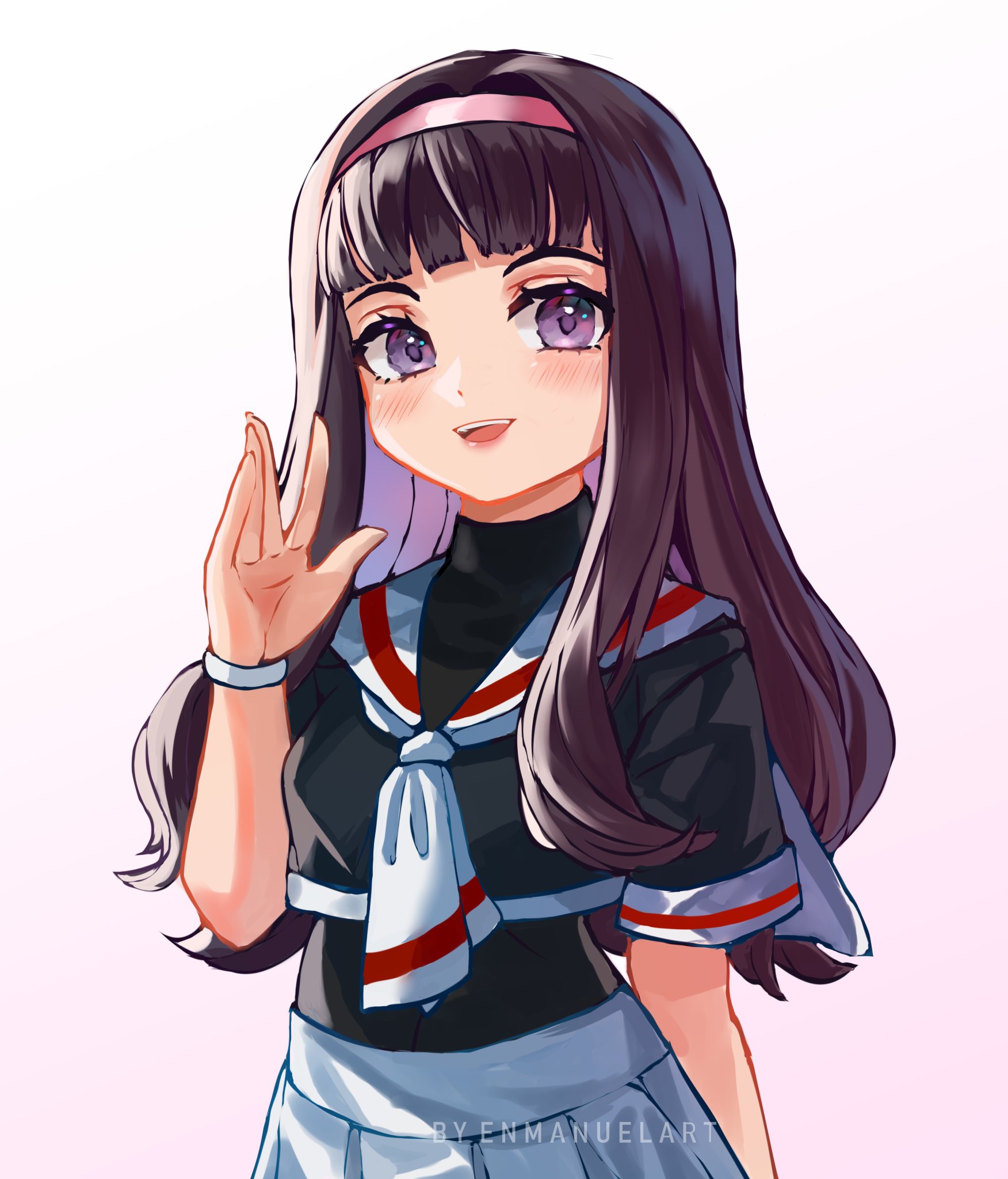 enma (enmanuelart), daidouji tomoyo, cardcaptor sakura, commentary, english commentary, highres, 1girl, artist name, black serafuku, black shirt, blunt bangs, blush, bracelet, colored inner hair, cowboy shot, dot nose, eyelashes, gradient background, grey background, hairband, hand up, jewelry, lips, long hair, looking at viewer, multicolored hair, neckerchief, open mouth, pink hairband, pleated skirt, purple eyes, purple hair, school uniform, serafuku, shirt, skirt, solo, teeth, tongue, turtleneck, two-tone hair, upper teeth only, watermark, white background, white neckerchief, white skirt