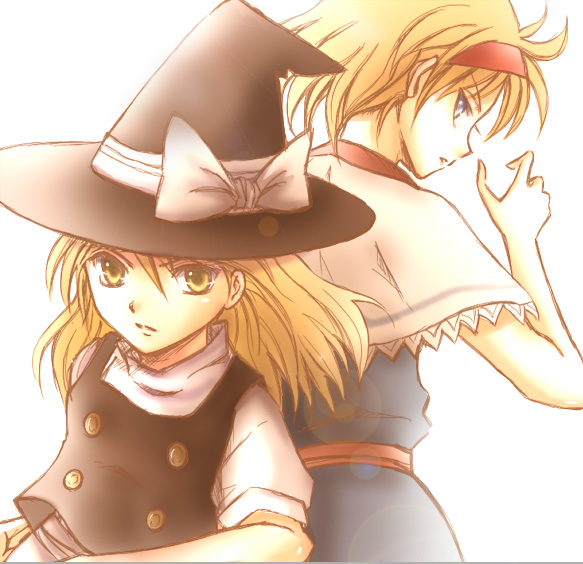 nagasawa (pixiv172331), nagasawa (tthnhk), alice margatroid, kirisame marisa, touhou, bad id, bad pixiv id, 2girls, blonde hair, blue eyes, dress, female focus, hat, looking back, multiple girls, ribbon, short hair, simple background, upper body, white background, witch, witch hat, yellow eyes