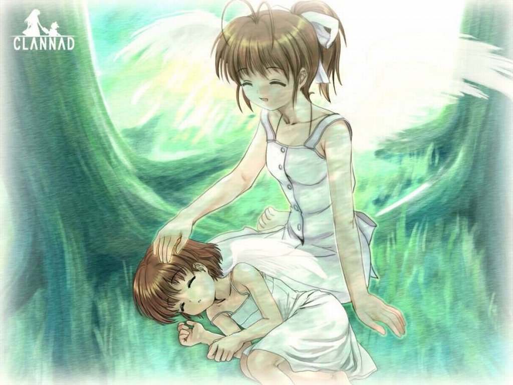 furukawa nagisa, okazaki ushio, clannad, jpeg artifacts, 00s, antenna hair, brown hair, dress, ponytail, wings