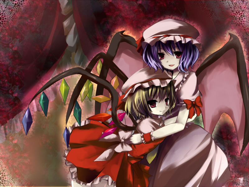 kinoko (hkn), knk, flandre scarlet, remilia scarlet, touhou, bad id, bad pixiv id, 2girls, bat wings, blonde hair, blue hair, female focus, hat, mob cap, multiple girls, ribbon, short hair, siblings, sisters, wings