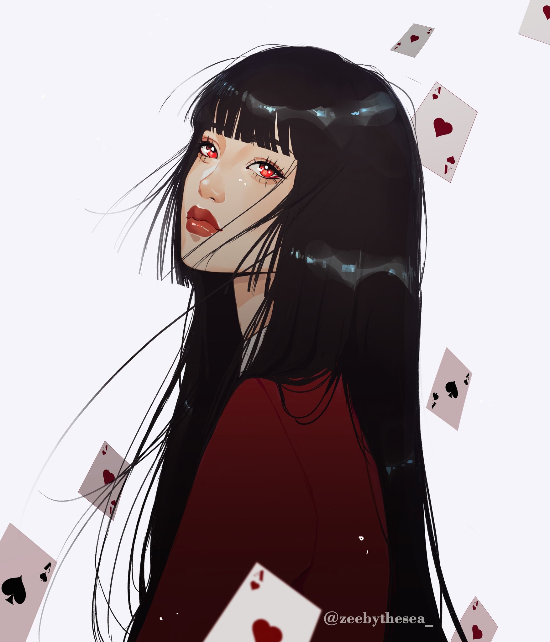 zeebythesea, jabami yumeko, kakegurui, highres, 1girl, aegyo sal, asian, black hair, blazer, card, eyelashes, floating hair, from side, hair over shoulder, hime cut, jacket, long hair, portrait, red eyes, red jacket, red lips, thick lips, twitter username, white background