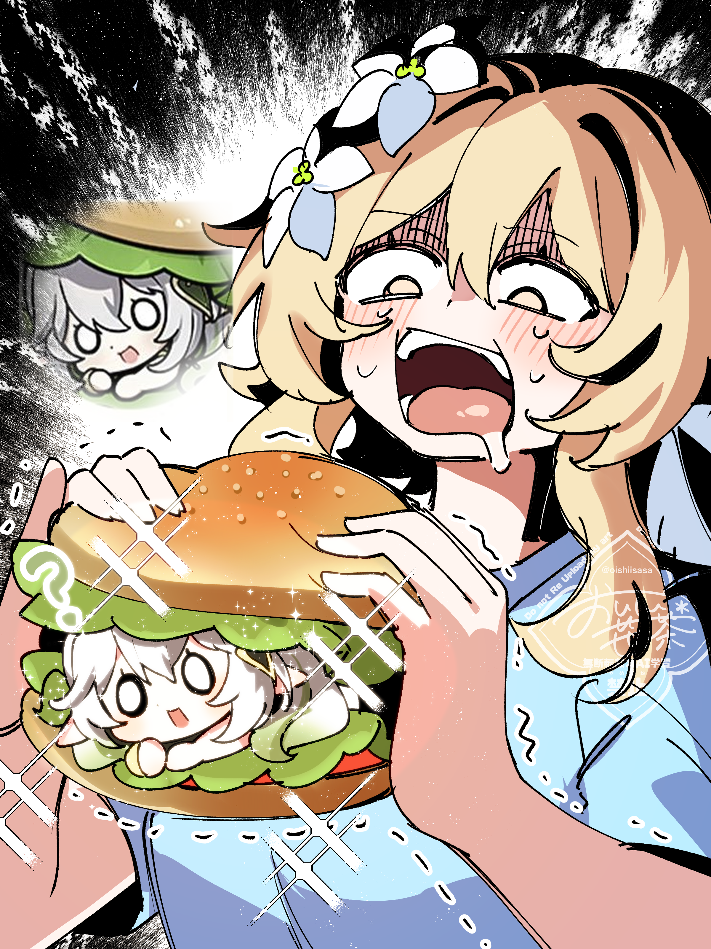 oishii sasa, lumine (genshin impact), nahida (genshin impact), genshin impact, absurdres, commentary request, highres, 2girls, ?, blonde hair, blue shirt, blush, bread bun, burger, eating, food, gradient hair, green hair, hair between eyes, hair ornament, holding, holding burger, holding food, leaf hair ornament, lettuce, looking at food, multicolored hair, multiple girls, o o, open mouth, pointy ears, saliva, shirt, short hair with long locks, teeth, upper teeth only, white hair, yellow eyes