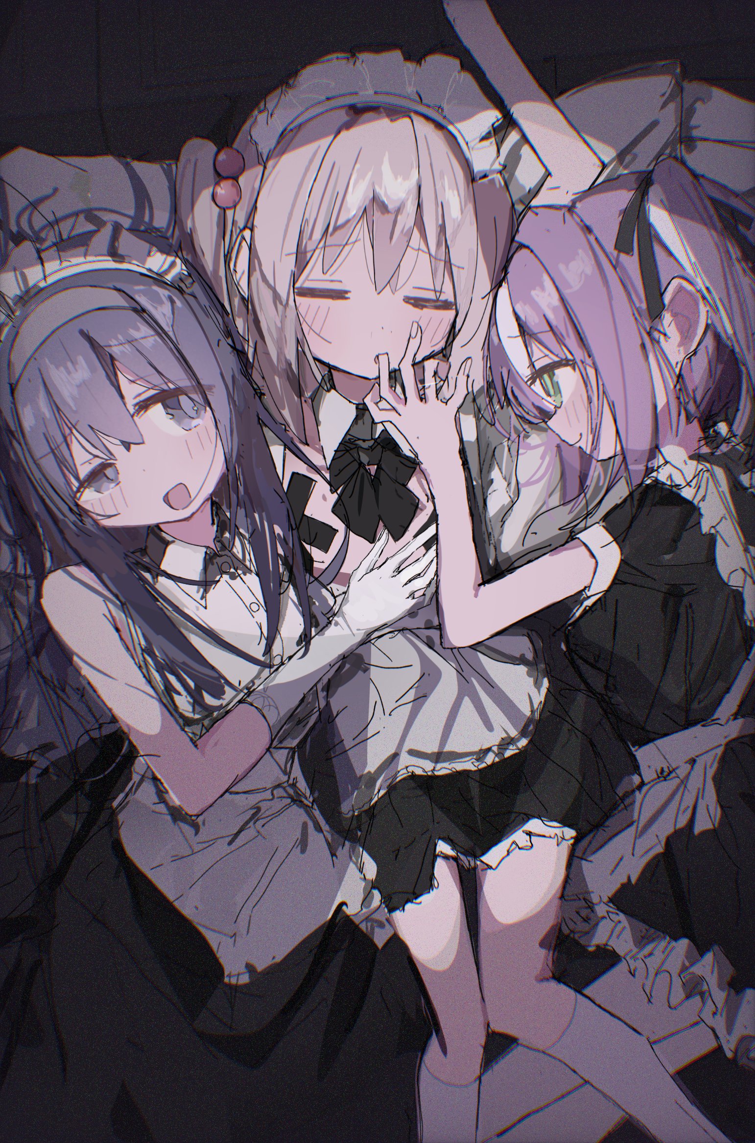 2mai84, senkawa minato, onii-chan wa oshimai!, commentary, highres, 1boy, 2girls, :d, arm up, bare arms, bare shoulders, black bow, black bowtie, black hair, black ribbon, blush, bow, bowtie, closed eyes, crossdressing, crossdressing (mtf), finger in another's mouth, girl sandwich, gloves, green eyes, grey eyes, grey hair, grey hairband, hair between eyes, hair bobbles, hair ornament, hair ribbon, hairband, kneehighs, long hair, lying, maid, maid headdress, male maid, multicolored hair, multiple girls, on back, on side, open mouth, puffy short sleeves, puffy sleeves, purple hair, ribbon, risachii (onimai), sandwiched, shiori (onimai), shirt, short sleeves, side ponytail, single hair streak, sketch, smile, socks, streaked hair, trap, two-tone hair, uneven eyes, white gloves, white hair, white shirt, white socks, wing collar