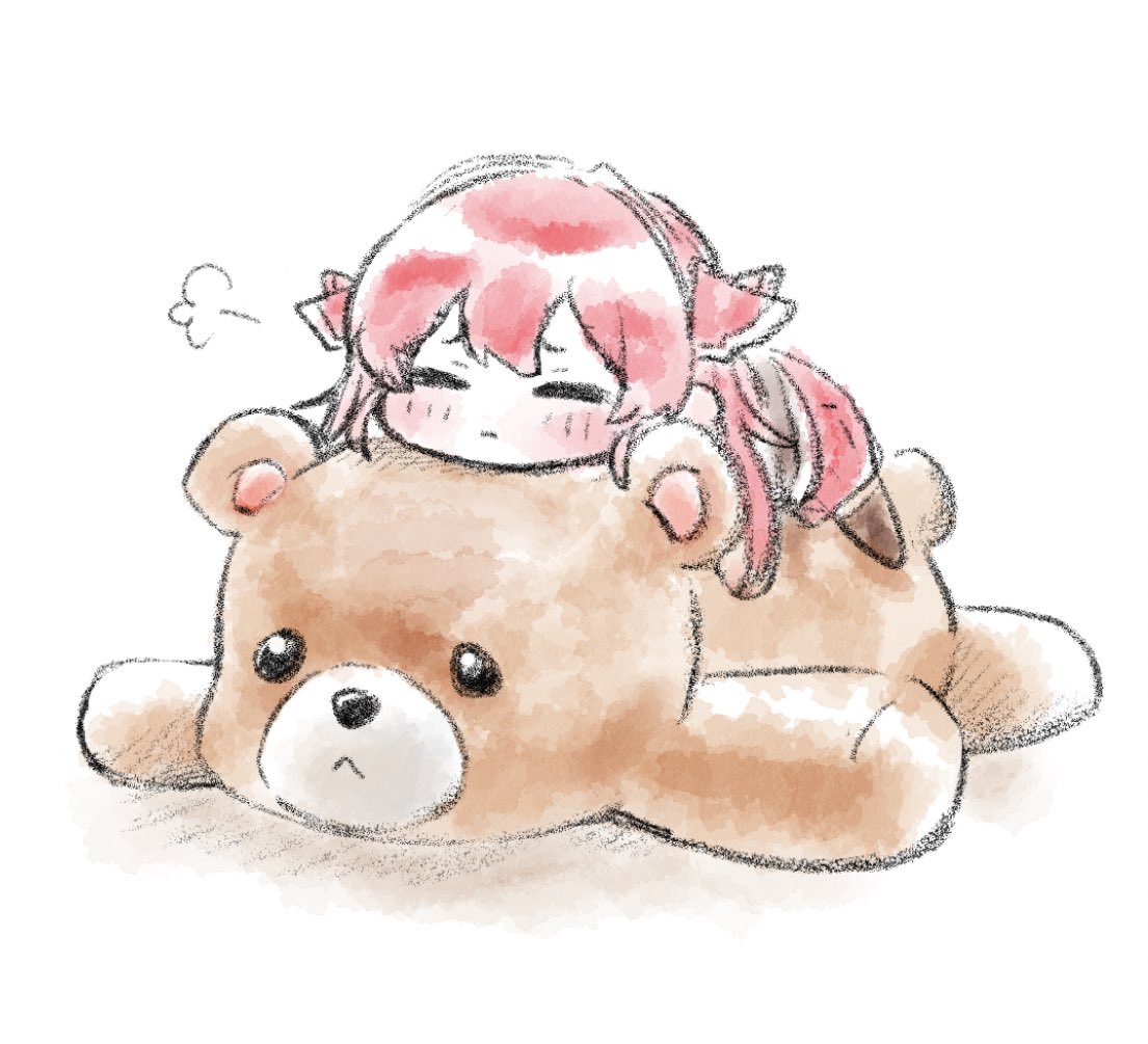 ohagi 0909, houshou marine, houshou marine (1st costume), hololive, 1girl, black thighhighs, blush, chibi, chibi only, closed eyes, full body, hair ribbon, long hair, lying, on stomach, puff of air, red hair, red ribbon, red skirt, ribbon, skirt, solo, thighhighs, virtual youtuber, white background