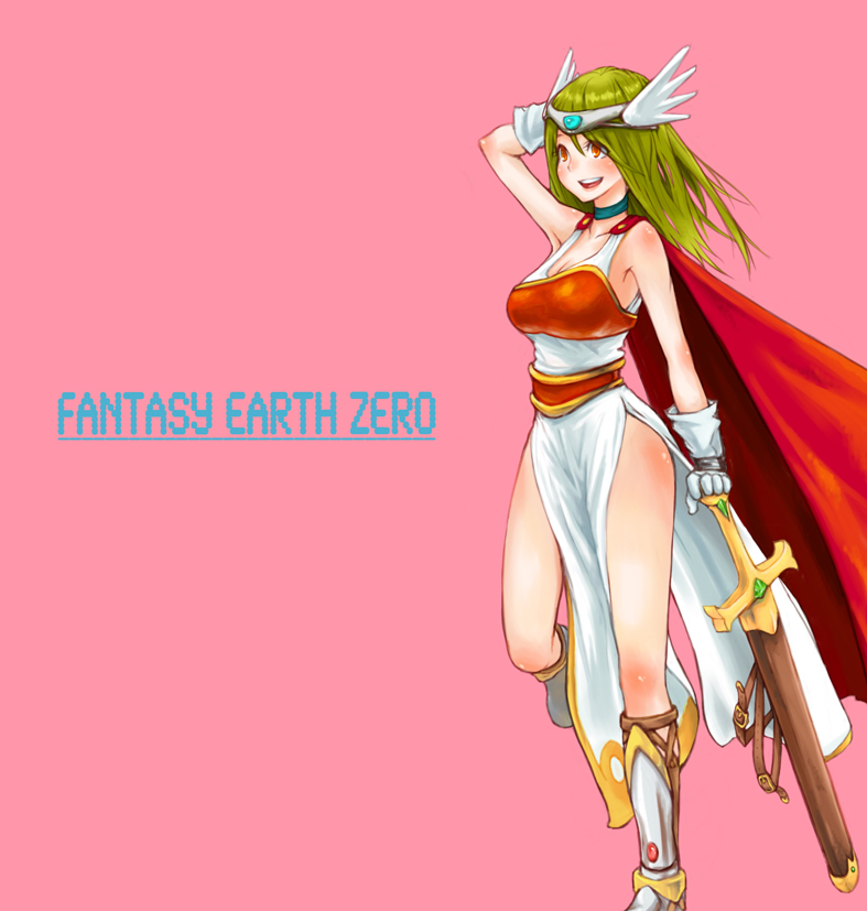 okamocheese, fantasy earth zero, bad id, bad pixiv id, armor, blush, boots, cape, circlet, gloves, green hair, legs, long hair, orange eyes, solo, sword, weapon