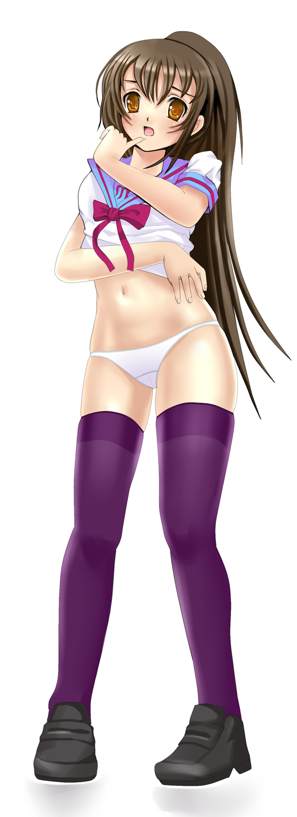kouhei (sxmas), kyonko, suzumiya haruhi no yuuutsu, highres, 00s, 1girl, female focus, genderswap, genderswap (mtf), midriff, no pants, panties, ponytail, school uniform, serafuku, solo, thighhighs, underwear, white panties