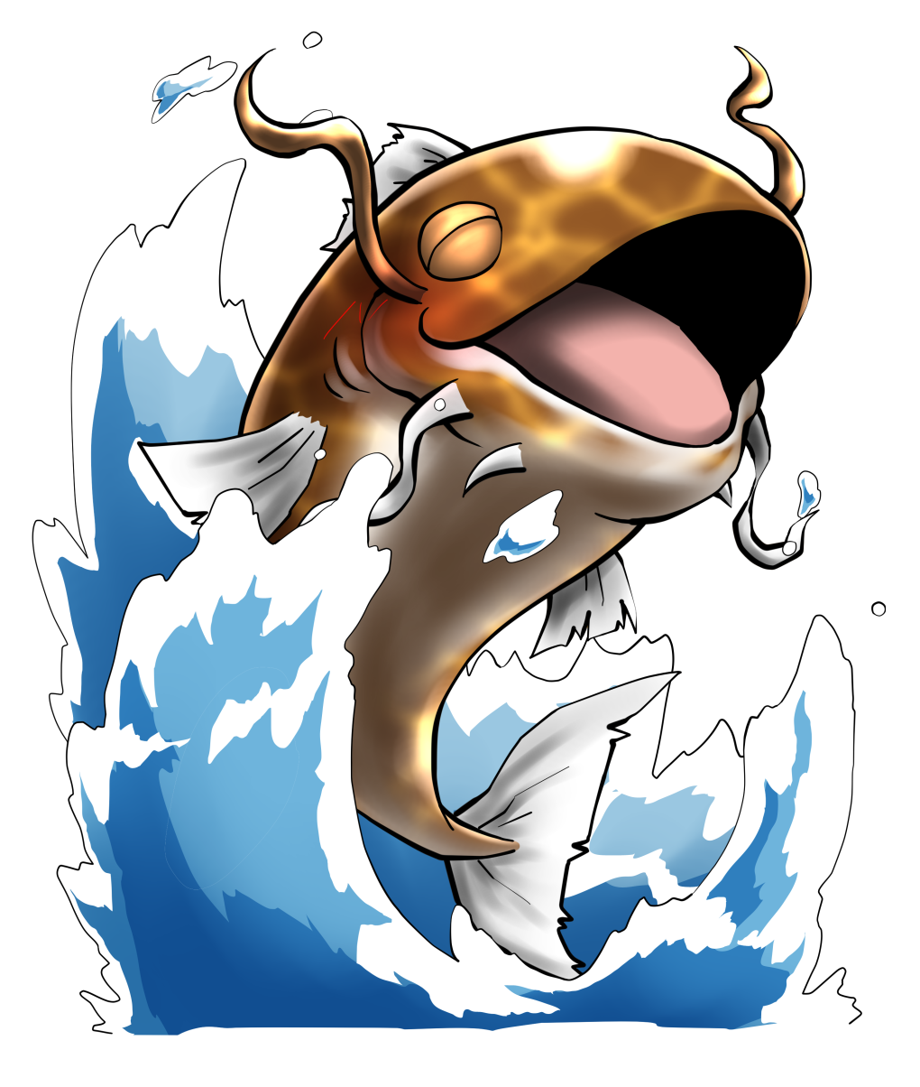 dairi, namazu (touhou), touhou, commentary request, commission, highres, large variant set, skeb commission, variant set, alphes (style), blush, brown eyes, catfish, closed eyes, dorsal fin, fins, fish, full body, head fins, monster, no humans, open mouth, parody, solo, splashing, style parody, tachi-e, transparent background, water