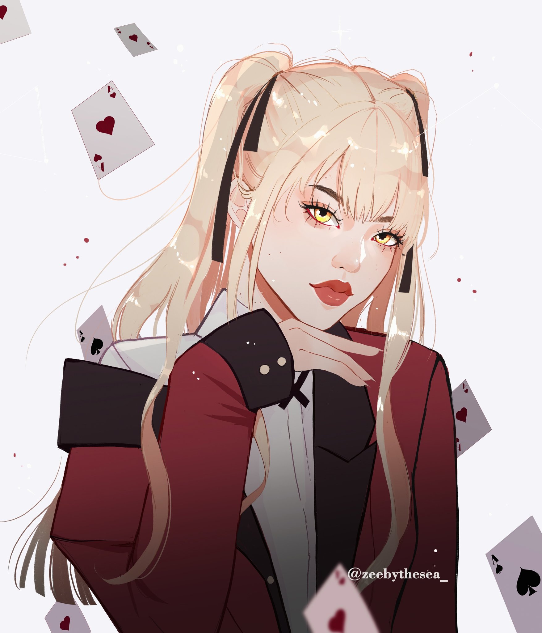 zeebythesea, saotome mary, kakegurui, highres, 1girl, aegyo sal, asian, black ribbon, blazer, blonde hair, blurry, blurry foreground, card, collared shirt, colored lapels, double-parted bangs, eyelashes, gold buttons, hair ribbon, head rest, jacket, lapels, long sidelocks, looking at viewer, portrait, red jacket, ribbon, shirt, sidelocks, single off shoulder, sleeves past wrists, thick eyebrows, thick lips, twintails, twitter username, white shirt, yellow eyes