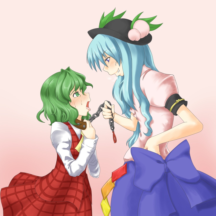 toritora, hinanawi tenshi, kazami yuuka, touhou, 2girls, aqua hair, ascot, bdsm, blush, bondage, bound, chain, chain leash, collar, female focus, food, fruit, green eyes, green hair, hat, leash, long hair, multiple girls, peach, plaid clothes, plaid skirt, plaid vest, ribbon, role reversal, short hair, skirt, skirt set, tears, tongue, vest