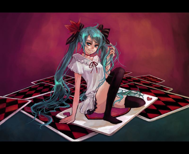 pisuke, hatsune miku, vocaloid, world is mine (vocaloid), eyebrows, 1girl, adjusting hair, aqua hair, arm support, black thighhighs, blue eyes, blush, breasts, card, choker, closed mouth, collarbone, dress, female focus, hair ornament, hair ribbon, holding, holding own hair, leg lift, letterboxed, long hair, long twintails, looking at viewer, matching hair/eyes, no shoes, oversized object, ribbon, short sleeves, sitting, small breasts, smile, solo, spread legs, thighhighs, twintails, very long hair, wavy hair, white dress