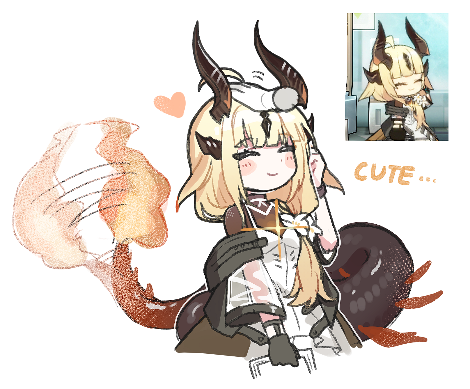 ppxdq, reed (arknights), reed the flame shadow (arknights), arknights, commentary, highres, symbol-only commentary, 1girl, ^ ^, afterimage, ahoge, black gloves, black horns, blonde hair, blunt bangs, blush stickers, bodystocking, brown horns, chibi, chibi only, closed eyes, closed mouth, disembodied hand, dot nose, dress, fire, flame-tipped tail, game screenshot inset, gloves, hand in own hair, headpat, heart, horns, inset, long hair, motion lines, simple background, single glove, smile, solo, tail, tail wagging, white background, white dress