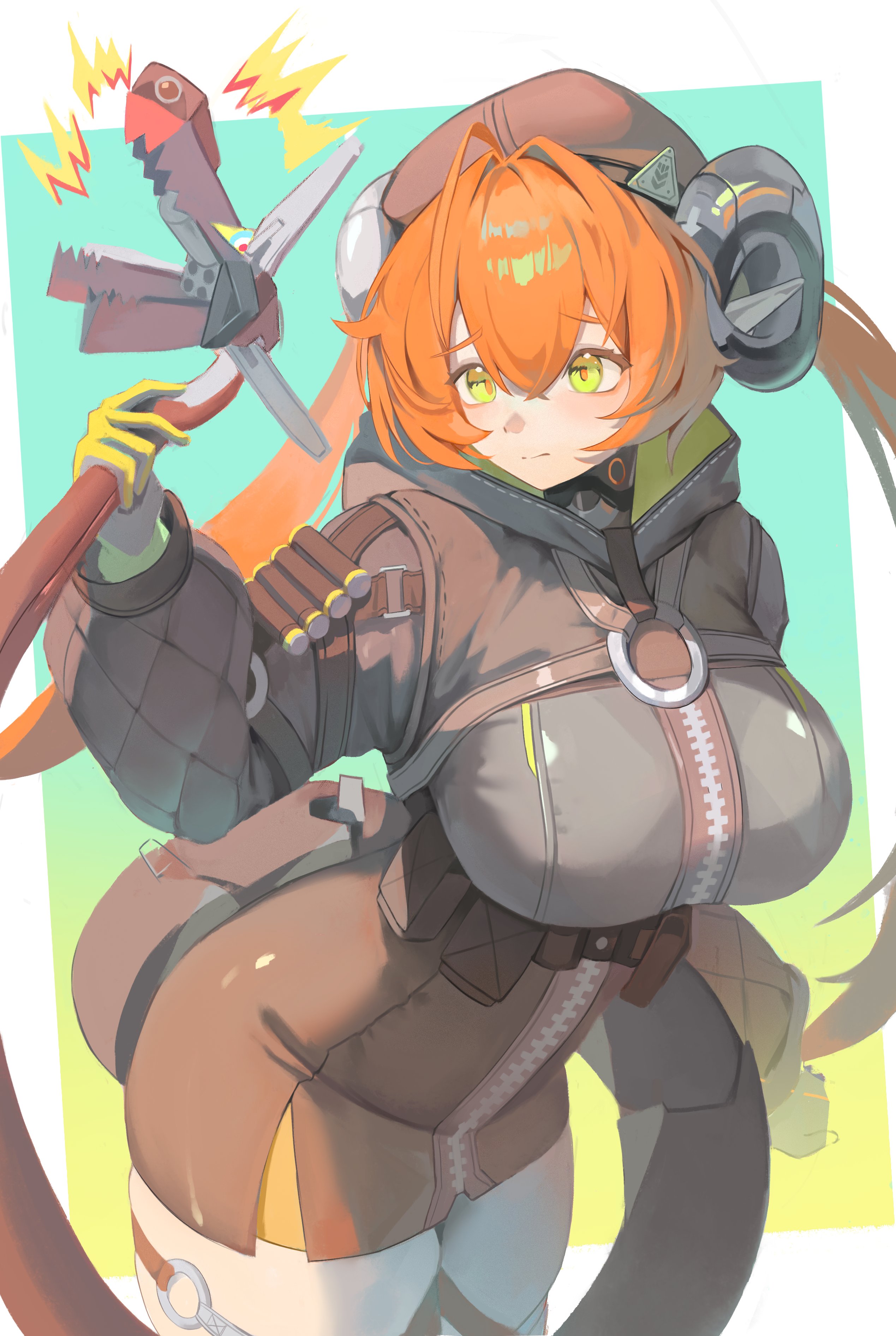 crunchy (namtaehyeon1234), magus (zenless zone zero), orphie magnusson, zenless zone zero, absurdres, highres, 1girl, black hat, blush, breasts, dragon girl, dragon horns, gloves, green eyes, hair between eyes, hat, horns, large breasts, long hair, mechanical tail, orange hair, orange pupils, pointy ears, solo, tail, thighhighs, twintails, yellow gloves