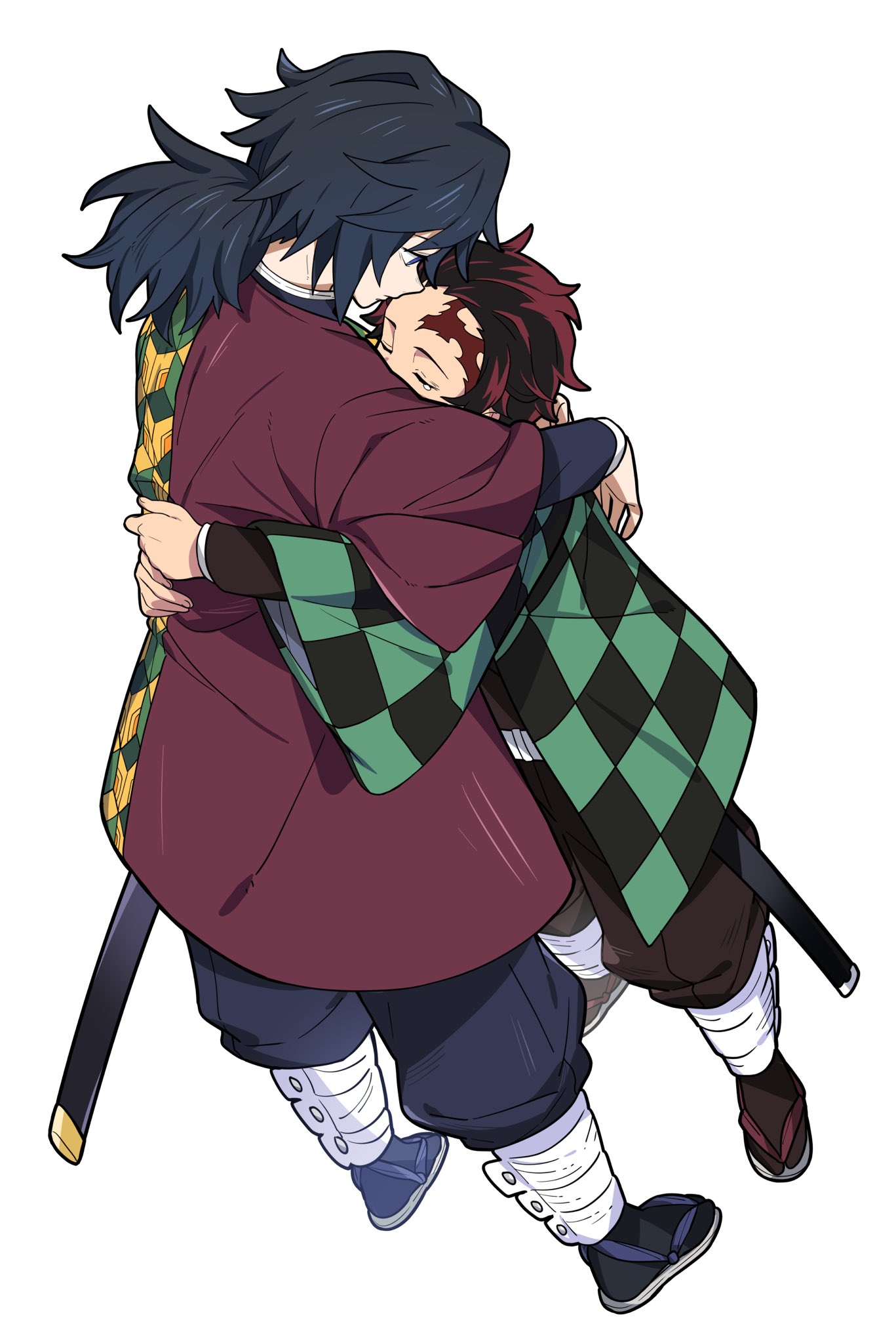 yanzhan, kamado tanjirou, tomioka giyuu, kimetsu no yaiba, highres, 2boys, black hair, black jacket, demon slayer uniform, full body, haori, high collar, hug, jacket, japanese clothes, kikkoumon, low ponytail, male focus, multiple boys, ponytail, print haori, red hair, red haori, short hair, simple background, spiked hair, white background