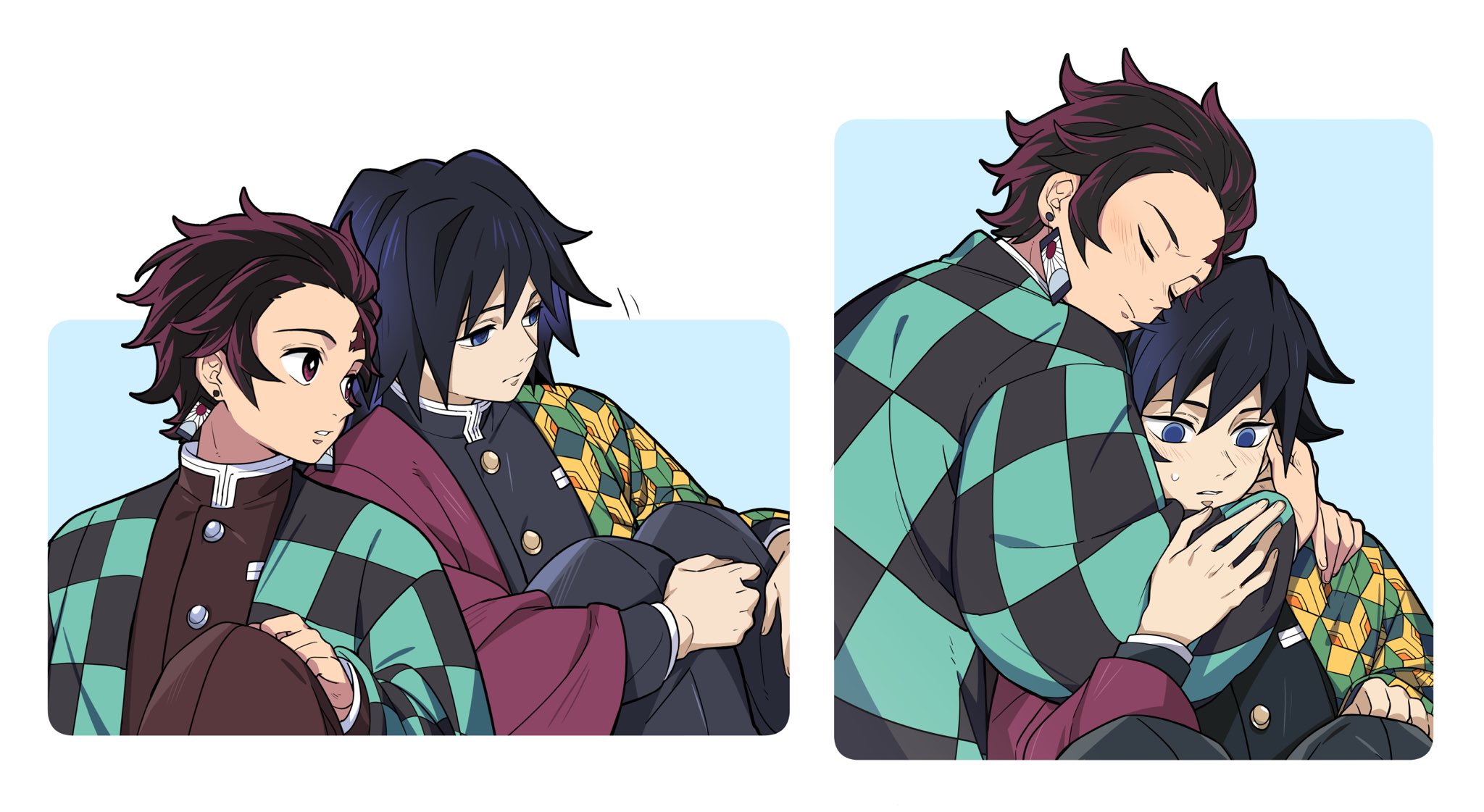 yanzhan, kamado tanjirou, tomioka giyuu, kimetsu no yaiba, highres, 2boys, black hair, black jacket, demon slayer uniform, haori, high collar, hug, jacket, japanese clothes, kikkoumon, low ponytail, male focus, multiple boys, multiple views, ponytail, print haori, red hair, red haori, short hair, simple background, spiked hair, upper body, white background