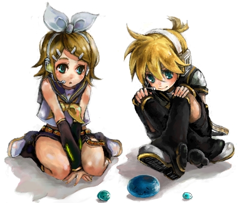 pisuke, kagamine len, kagamine rin, vocaloid, lowres, 1boy, 1girl, blonde hair, bow, brother and sister, hair bow, headset, siblings, sitting, twins