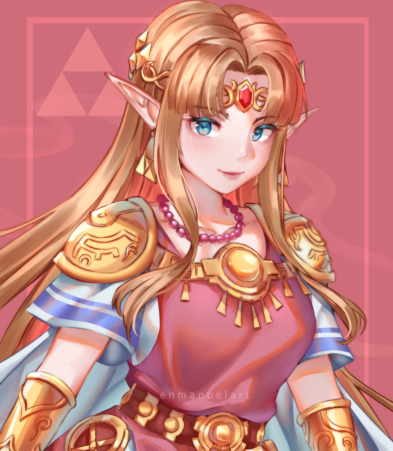 enma (enmanuelart), princess zelda, nintendo, super smash bros., commentary, english commentary, highres, 1girl, armor, artist name, bead necklace, beads, belt, blonde hair, blue eyes, blush, braces, breasts, brown belt, cloak, closed mouth, collarbone, crown, earrings, eyelashes, forehead jewel, gem, gold trim, jewelry, lips, looking at viewer, medium breasts, necklace, nose, pink background, pink shirt, pointy ears, red gemstone, shirt, short sleeves, shoulder armor, sidelocks, smile, solo, triangle earrings, upper body, watermark, white cloak, white shirt