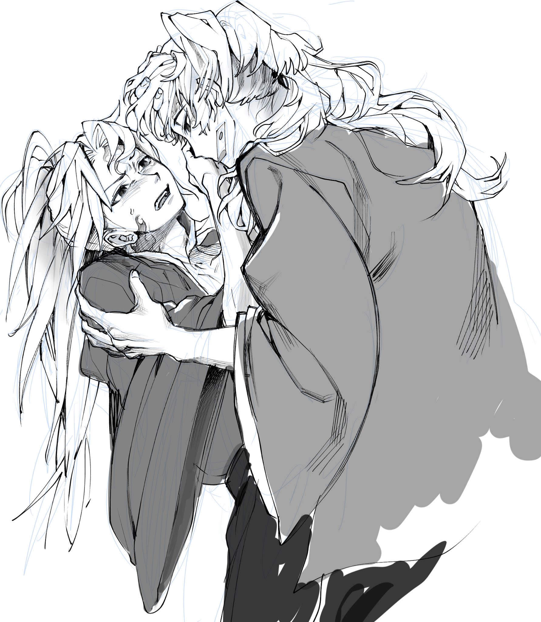 tsugikuni michikatsu, tsugikuni yoriichi, kimetsu no yaiba, highres, 2boys, collarbone, earrings, empty eyes, facial tattoo, greyscale, hanafuda earrings, haori, high ponytail, japanese clothes, jewelry, kimono, long hair, male focus, monochrome, multiple boys, open mouth, owo omo o, ponytail, profile, spiked hair, sweatdrop, tattoo, teeth, upper body, very long hair, wide sleeves, yaoi
