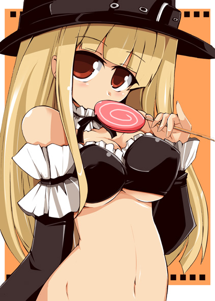 shirogane (platinum), ingrid (capcom), capcom, capcom fighting jam, bare shoulders, black dress, blonde hair, blush, bow, bowtie, bra, breasts, buckle, candy, cleavage, collar, covered erect nipples, detached sleeves, dress, food, frills, hat, large breasts, lingerie, lollipop, long hair, maid, midnight bliss, midriff, red eyes, ribbon, solo, swirl lollipop, top hat, underwear